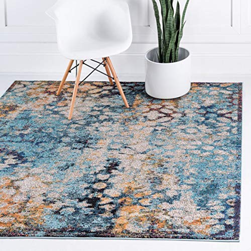 Unique Loom Vita Collection Traditional Over-Dyed Saturated Floral Medallions Area Rug (6' 0 x 6' 0 Square, Turquoise/Ivory)