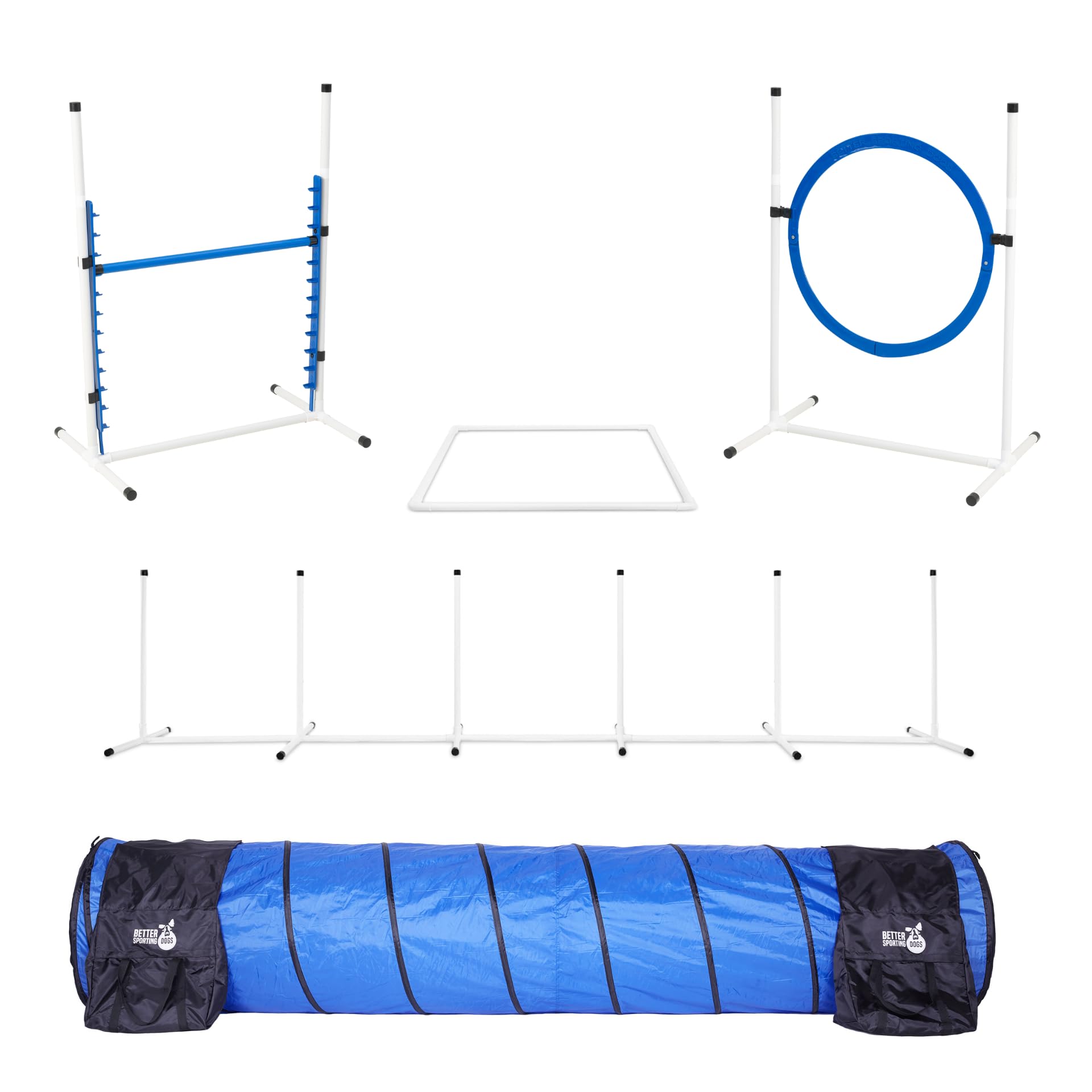 Better Sporting Dogs Premium Starter Dog Agility Set w/Safety-Focused Features | 5Pc Agility Kit | Bar Jump w/Cup Strips | Breakaway Tire Jump | Weave Poles | 10’ Tunnel & Sandbags | Pause Box