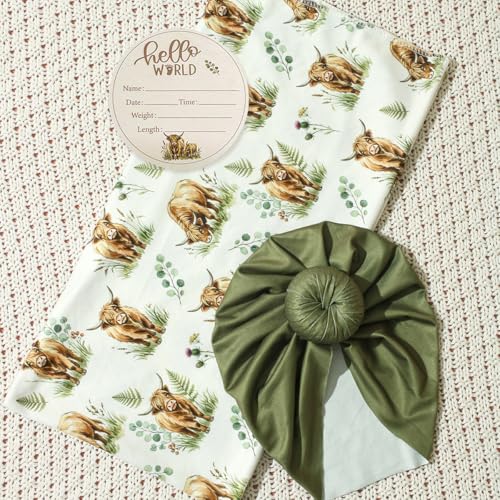 Image of Ylsteed Baby Highland Cow Swaddle Blanket and Headband Set, Newborn Receiving Blanket Swaddle Wrap for Girls and Boys, Swaddling Blankets Neutral for Newborn 32 * 32 in