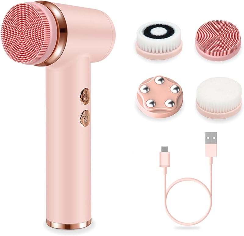 Escova elétrica para limpeza facial Yevsinbay com 4 cabeças, 5 velocidades, IPX6 e carregamento USB-C, rosa