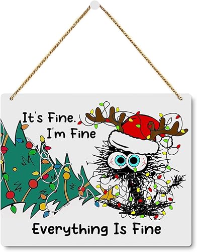 Cartel colgante de madera con diseño de gato negro para decoración de pared de árbol de Navidad, decoración de pared con texto en inglés Everying Is