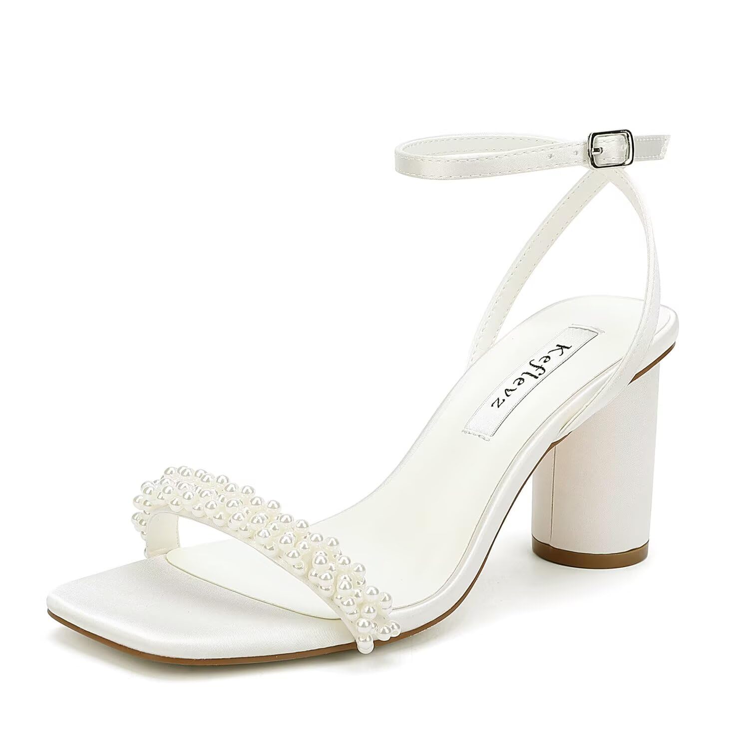 keflevz Block Heel Wedding Sandals Pearl Heels Wedding Shoes for Bride Open Square Toe Bridal Shoes