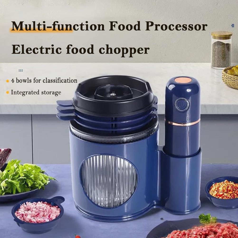 Picadora Electrica, Procesador De Alimentos, Trituradora De Alimentos con Cuchillas De Acero Inoxidable Y Recipiente De Vidrio De 1L, para Pica Carne, Frutas, Verduras, Azul