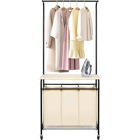 MYOYAY 3 Section Laundry Sorter Folding Table and Rolling Cart Laundry Room Organizer