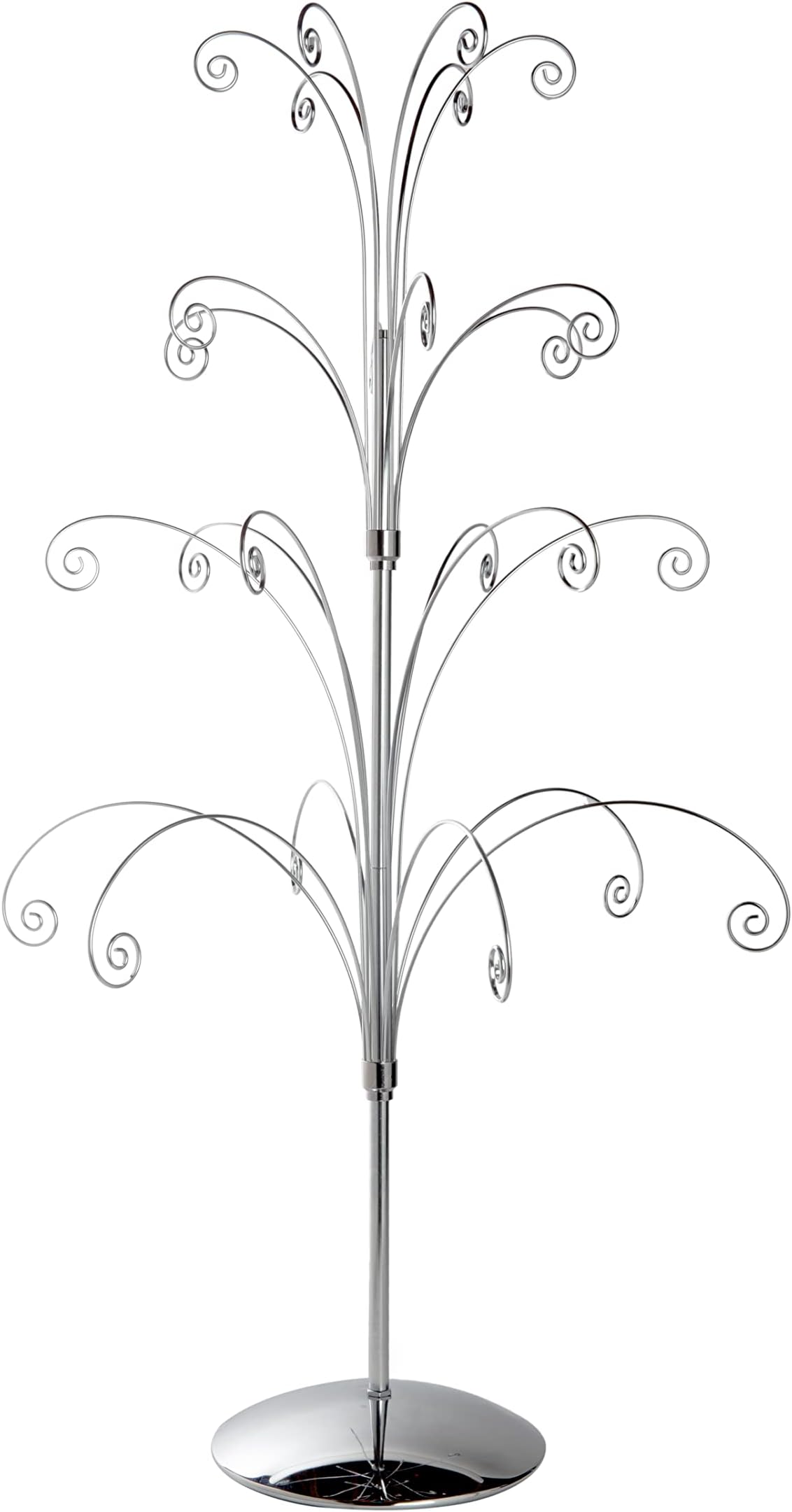 36 Inch Tall Ornament Display Tree, Bright Silver Chrome Plated, Holds 24 Ornaments