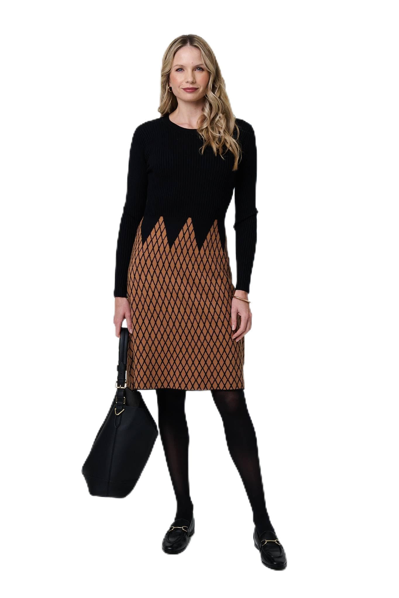 Izabel London Women's Black Printed Long Sleeve Jumper Midi Dress In | : Size 10
