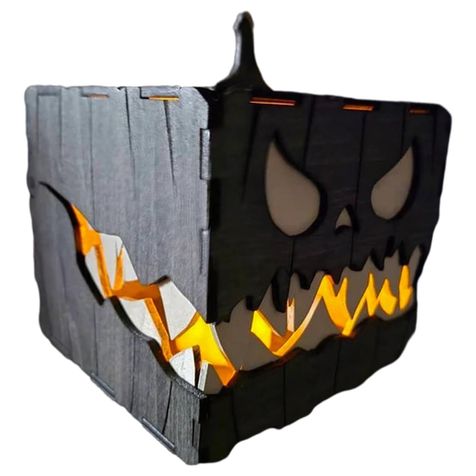 Halloween Wooden Pumpkin Candle Holder Demon Face Box Decor Tabletop Centerpiece Vintage Spooky Home Ornament Gift for Party Black