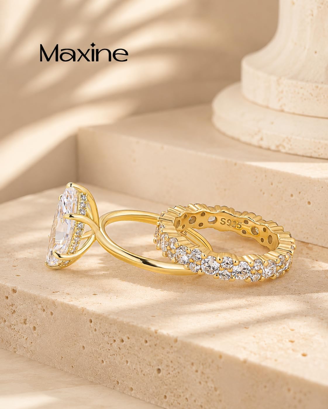 Maxinejewelry 3.5 Carat Solitaire Marquise Cut Wedding Ring Set for Women, 14K Gold Plated Bridal Ring Set, 925 Sterling Silver Promise Cubic Zirconia Anniversary Ring