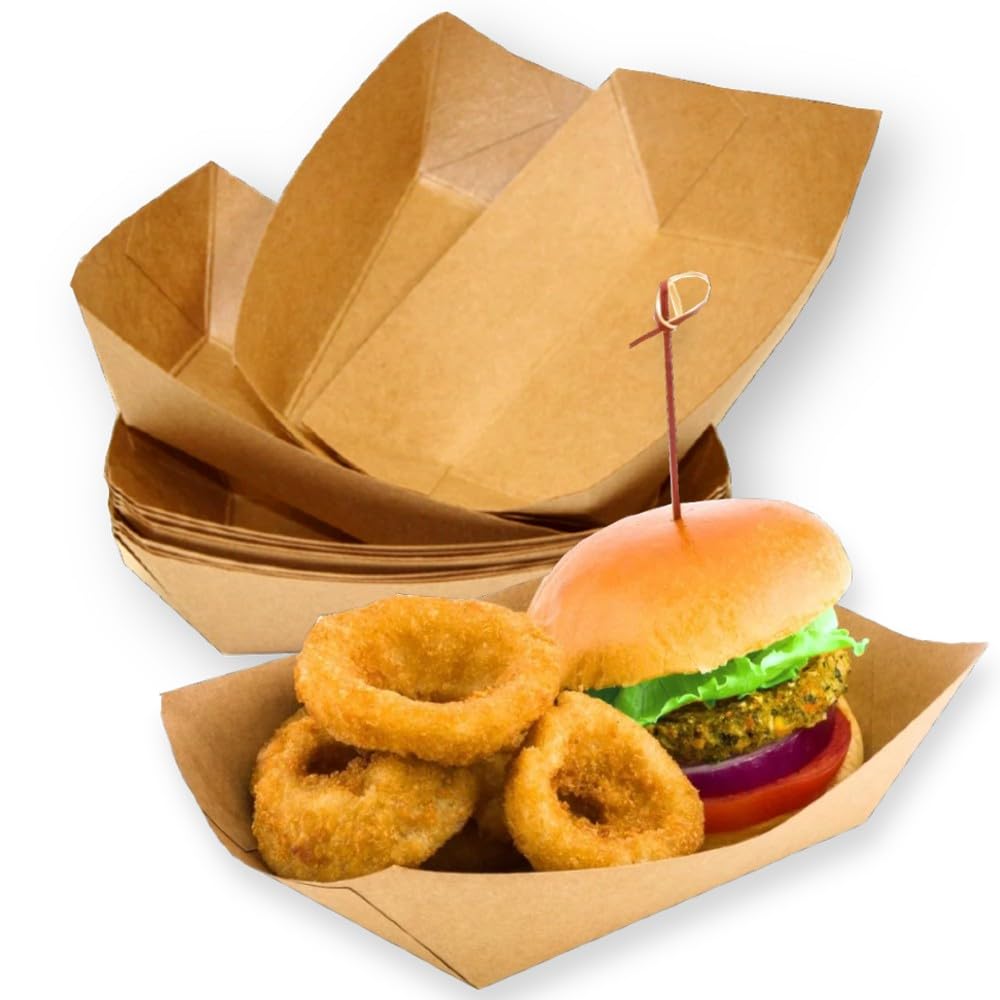 Clearly Brown Small Kraft Paper Food Trays For Serving Party Buffet, 12.4 X 8.7Cm Disposable Bbq Paper Food Boats For Snack, Salad, Nachos, Hot Dog, French Fries, Cardboard Takeaway Containers (500)