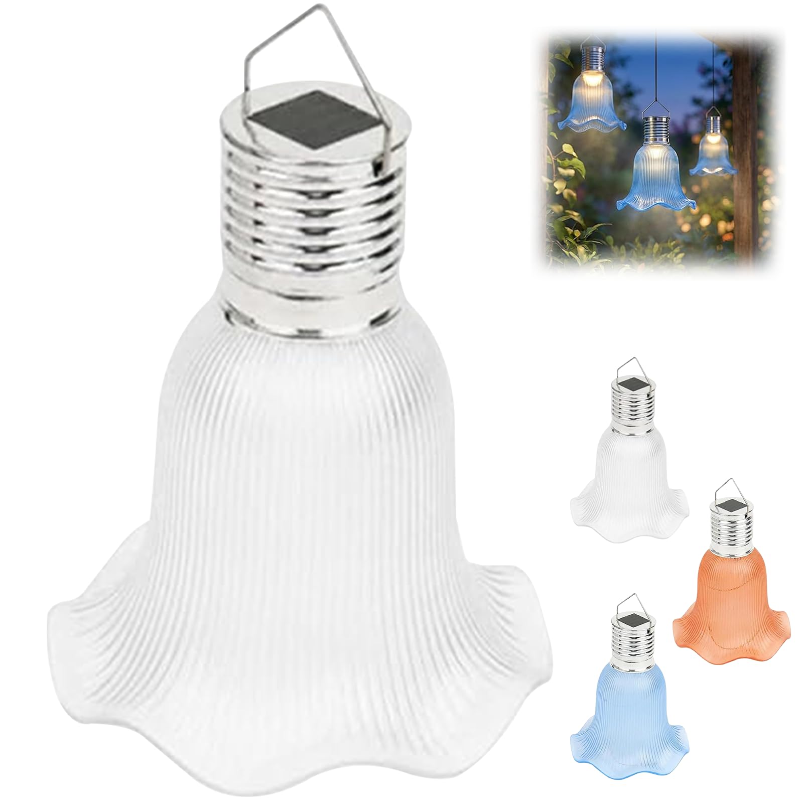 Solar Powered Ribbed Tulip Hanging Light, Frosted Glass Texture Tulip Hanging Solar Lanterns, Waterproof Flower Hanging Solar Lights for Outdoor Garden Patio, Yard, Porch & Pathway (White-1pc)