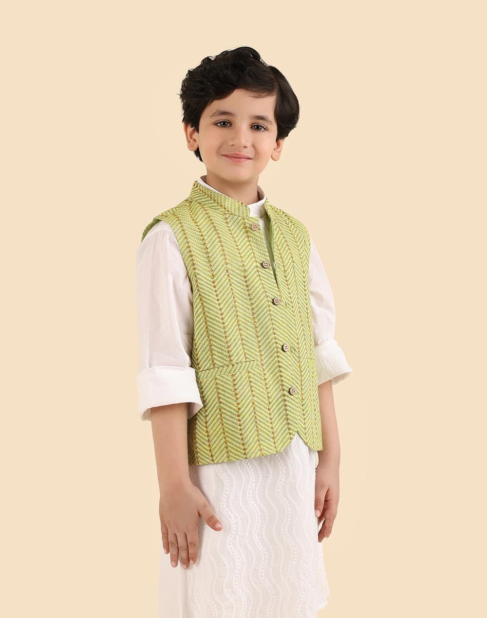 Fabindia Giacca Nehru con colletto mandarino stampato verde per bambini, verde, 3-4 anni