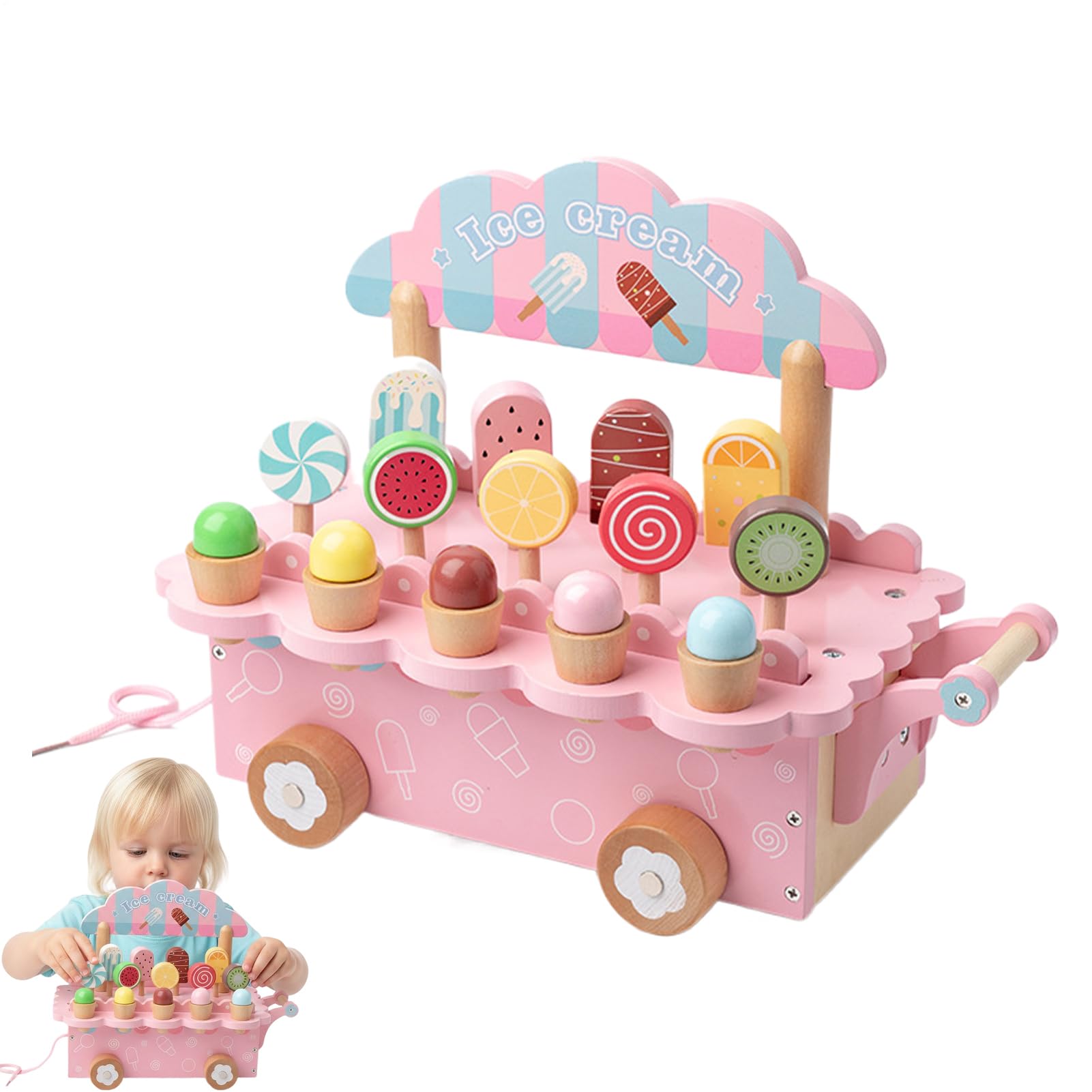 Set di negozi di gelati – Gioco di simulazione in legno – Negozio di gelati per giochi di ruolo | per compleanni bambini e bambine 3 ai 6 anni di imitazione del supermercato