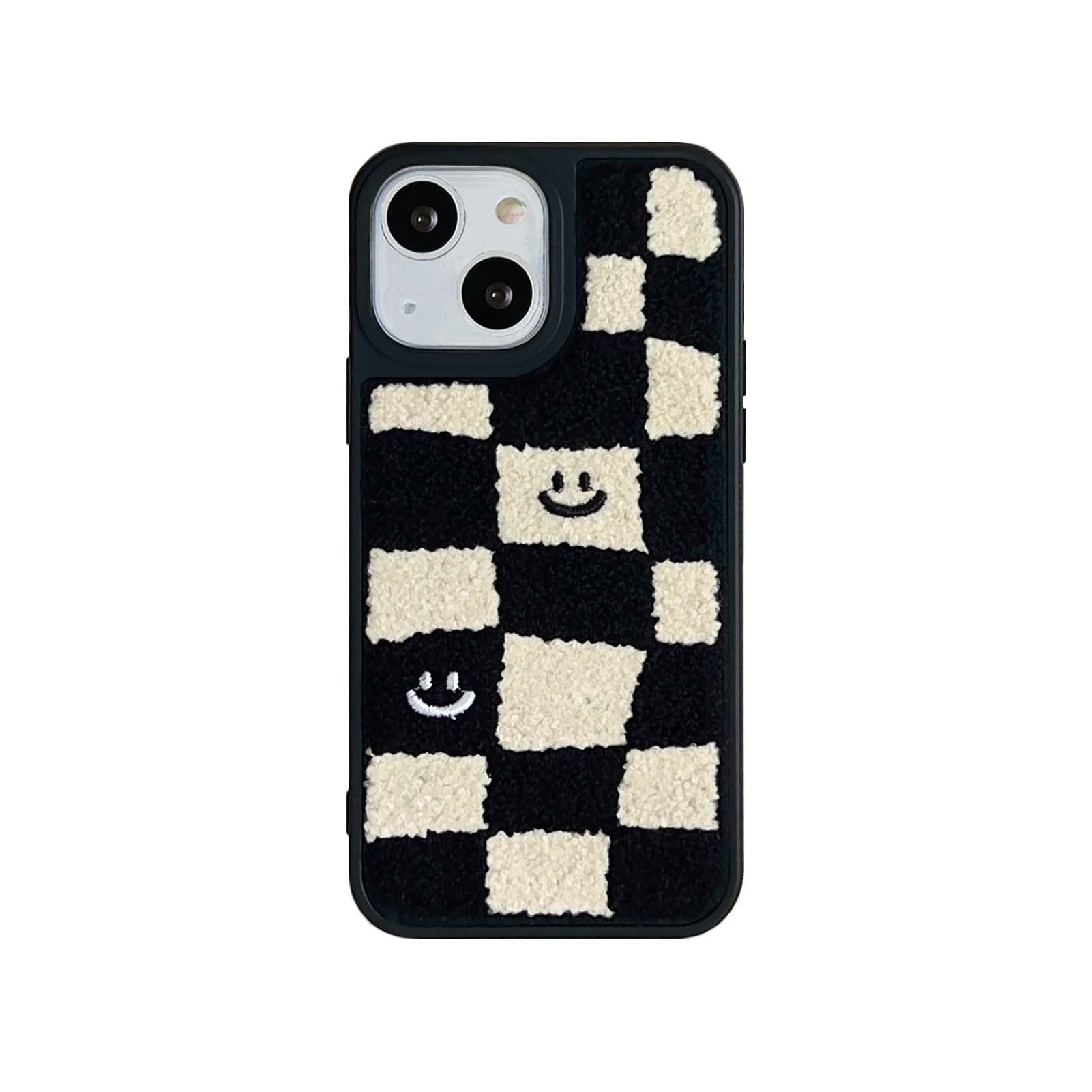 Tewwsdi Aesthetic Checkered Phone Case for iPhone 13,Cute Embroidered Smile Face Carpet Cases for Girls Women Textured Furry Protective Cover for