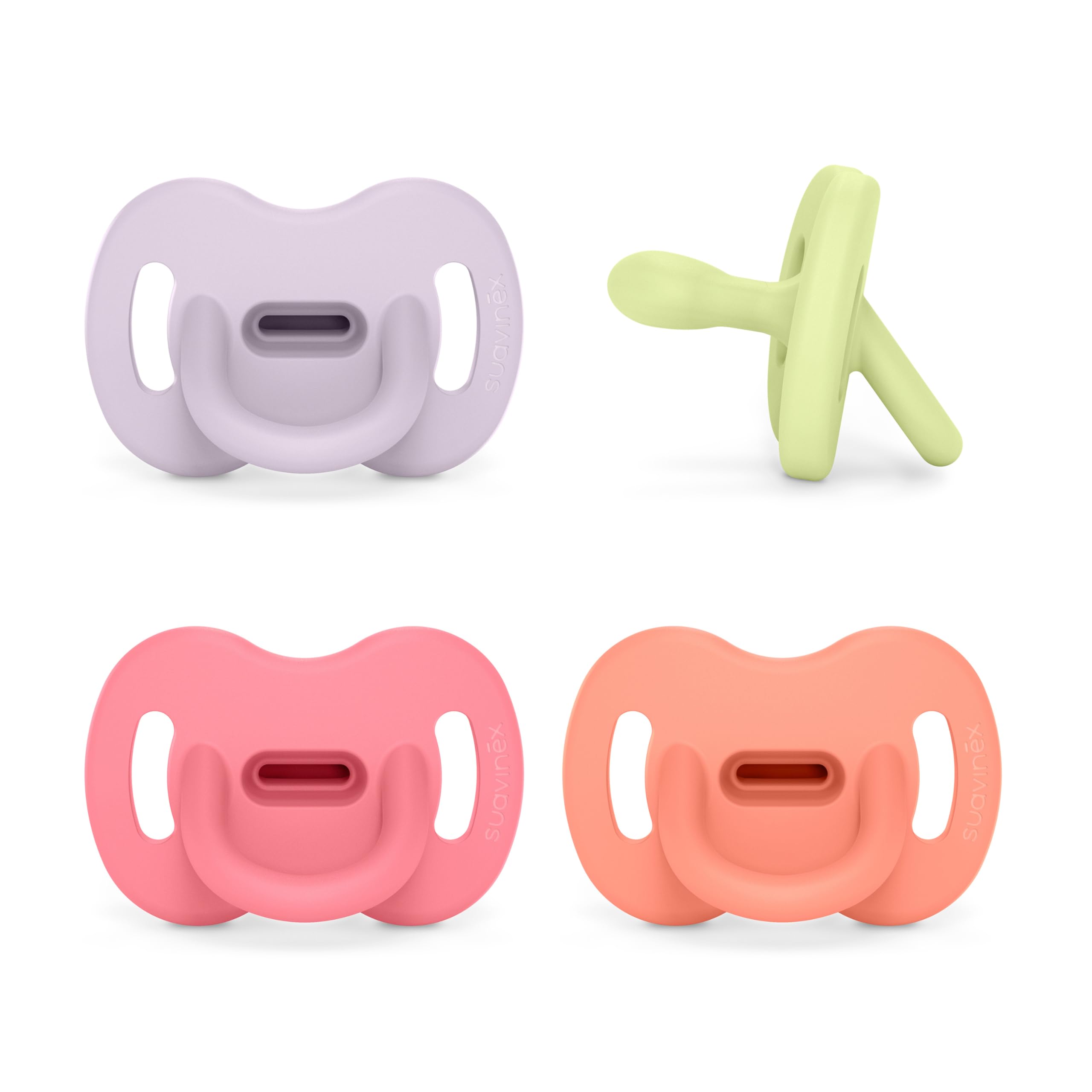 Suavinex, Schnuller aus Silikon 4er-Pack, für Babys 0-6 Monate, Schnuller mit physiologischem Sauger Sx Pro, Symmetrisch, Superweich und Flexibel, Einschlafschnuller, Grün, Rosa