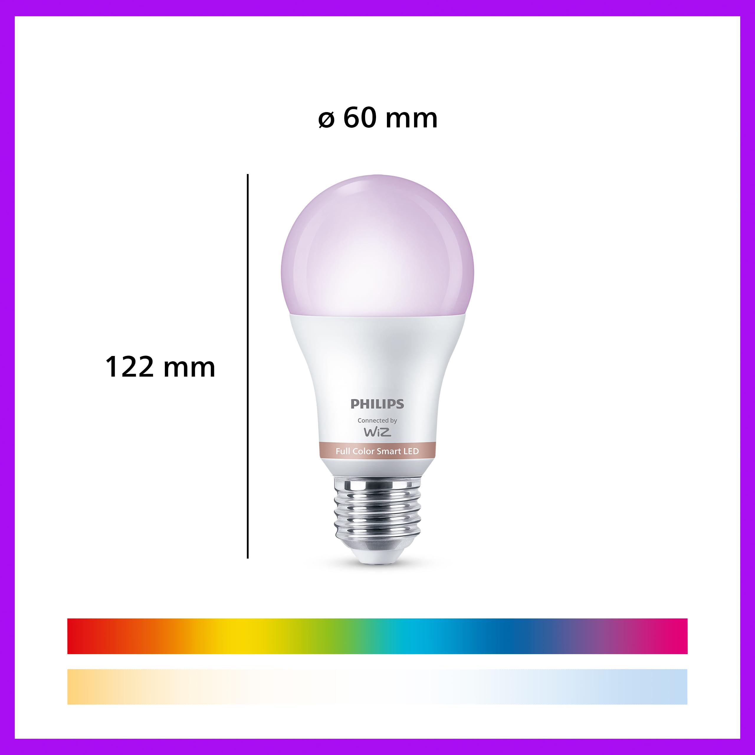 Philips Smart Lighting, Smart RGB A60 Żarówka LED, 2 Szt., E27, 1521 lm, Kolorowe i Regulowane Białe 2200–6500 K, Przyciemnianie do Niskiego Poziomu, Connected by WiZ, Alexa, Google Home, Apple Home