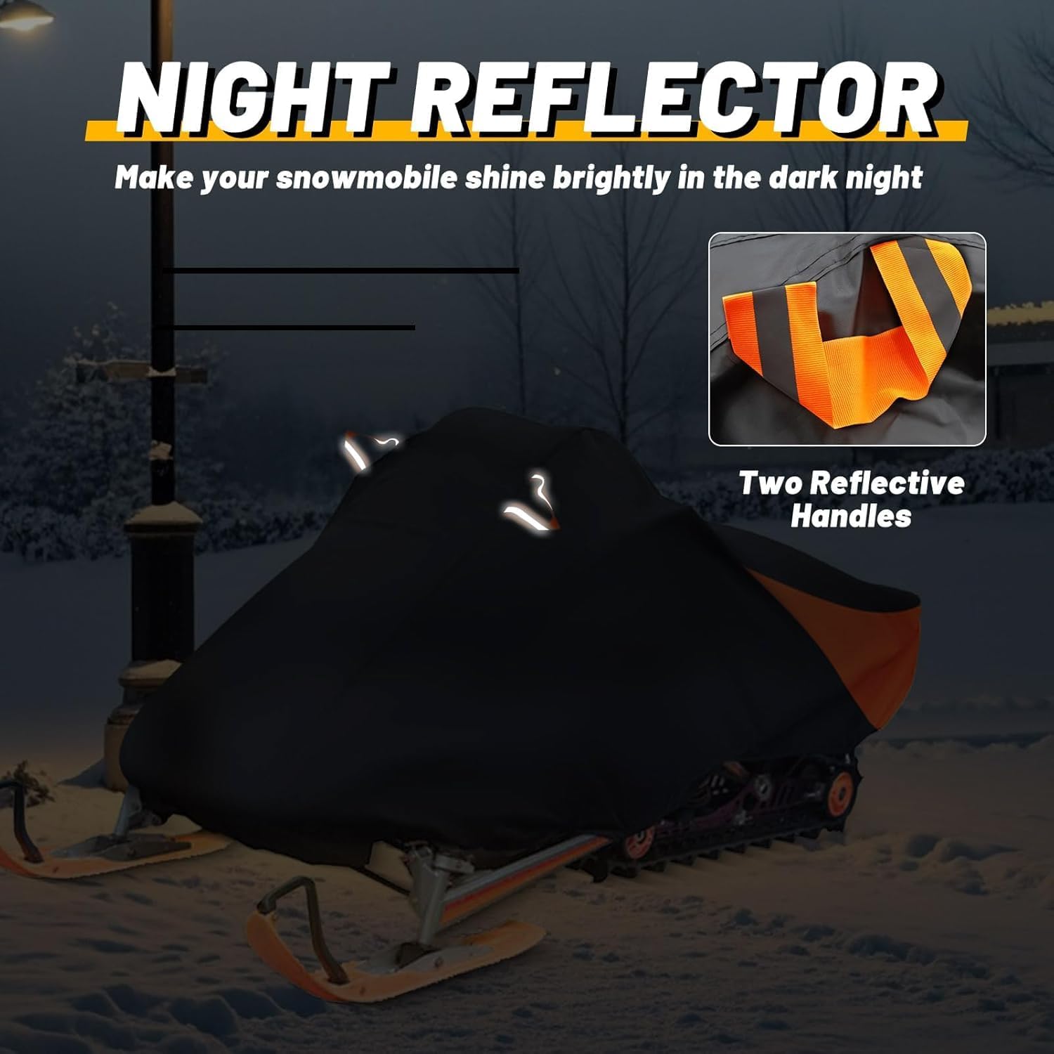 Trailerable Waterproof Snowmobile Cover, Compatible with Polaris Ski Doo Arctic Cat Yamaha, Windproof Snowshield Cover with Windproof Buckles (145''L × 51''W × 48''H) Black and Orange