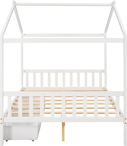 Miniatura 4 de MERITLINE Cama de casa matrimonial para niños, cama Montessori de tamaño matrimonial con 2 cajones de almacenamiento, cabecera y estribo, cama de
