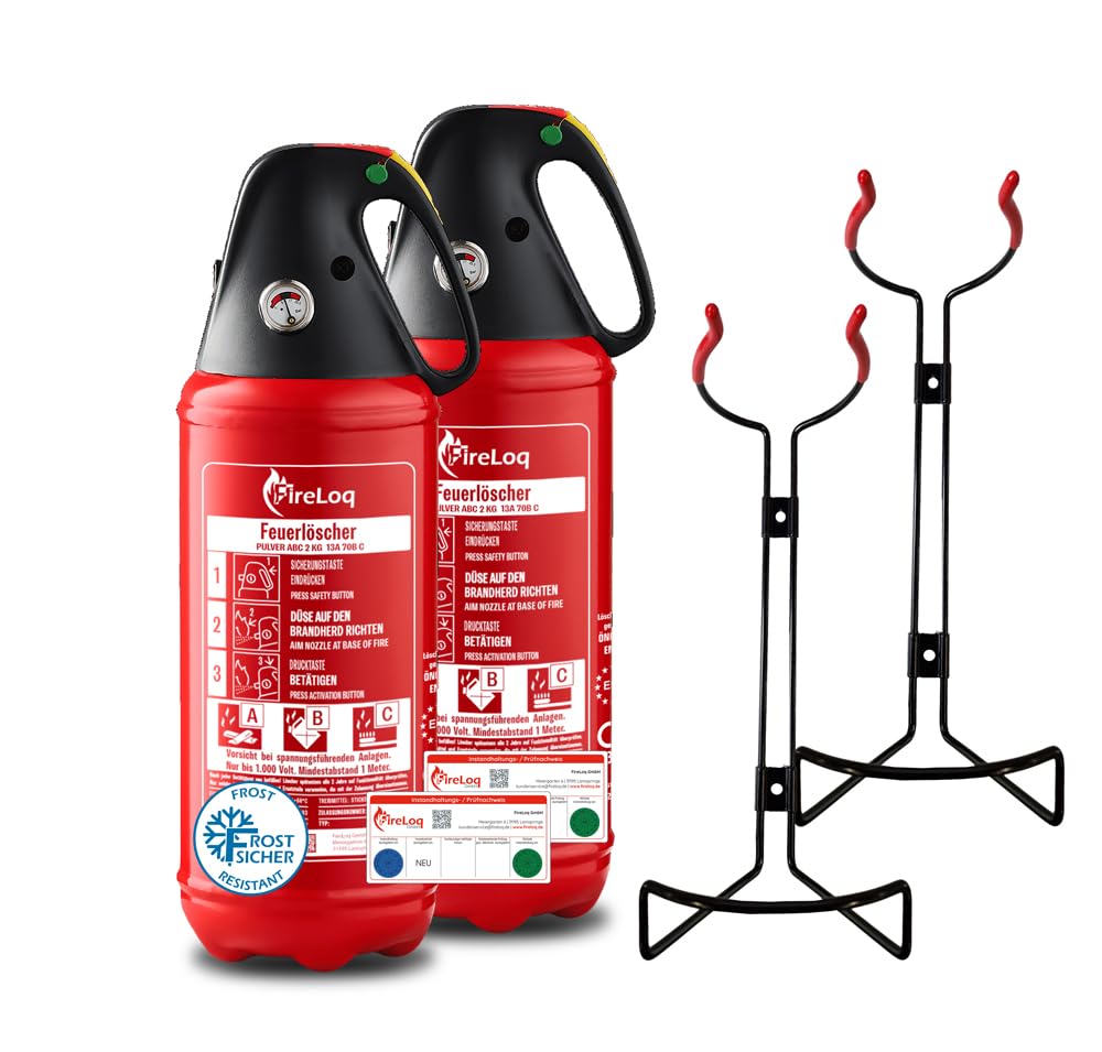 2X 2kg Pulver Feuerlöscher für Brandklasse ABC mit 13A | 89B | C ergibt 4 LE Dauerdruck inkl. Prüfnachweis,Wandhalter und Manometer