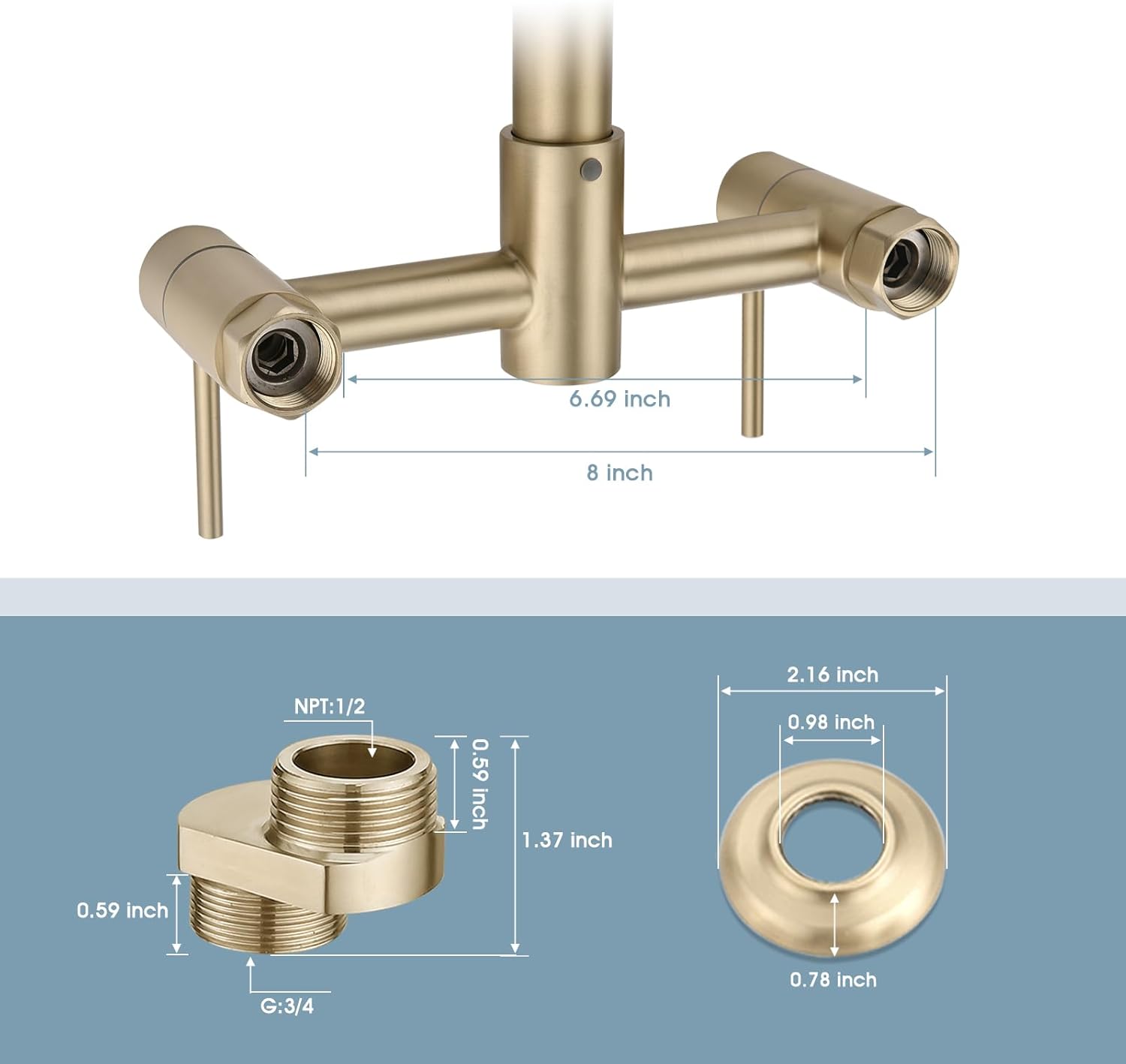 Wall Mount Kitchen Faucet, 8 Inch Center Commercial Sink Faucet with Pull Down Sprayer, 2 Handle Wall Mount Faucet for Kitchen Sink, Brushed Golden