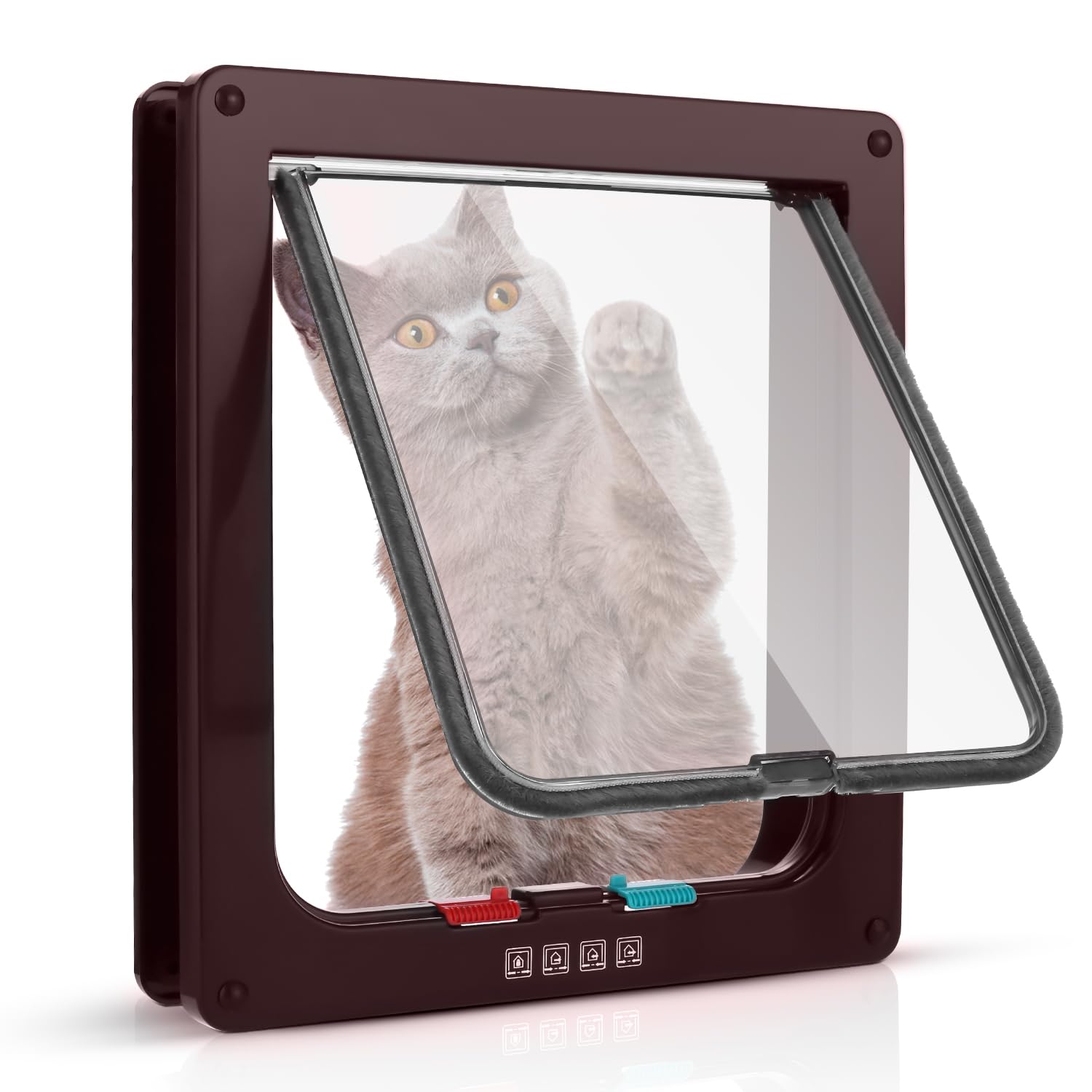 Sailnovo Cat Door 19 x 20 x 5.5 cm, Brown, Size M, Cat Door with 4-Way Lock for Indoor and Outdoor Doors, Weather Resistant Pet Door