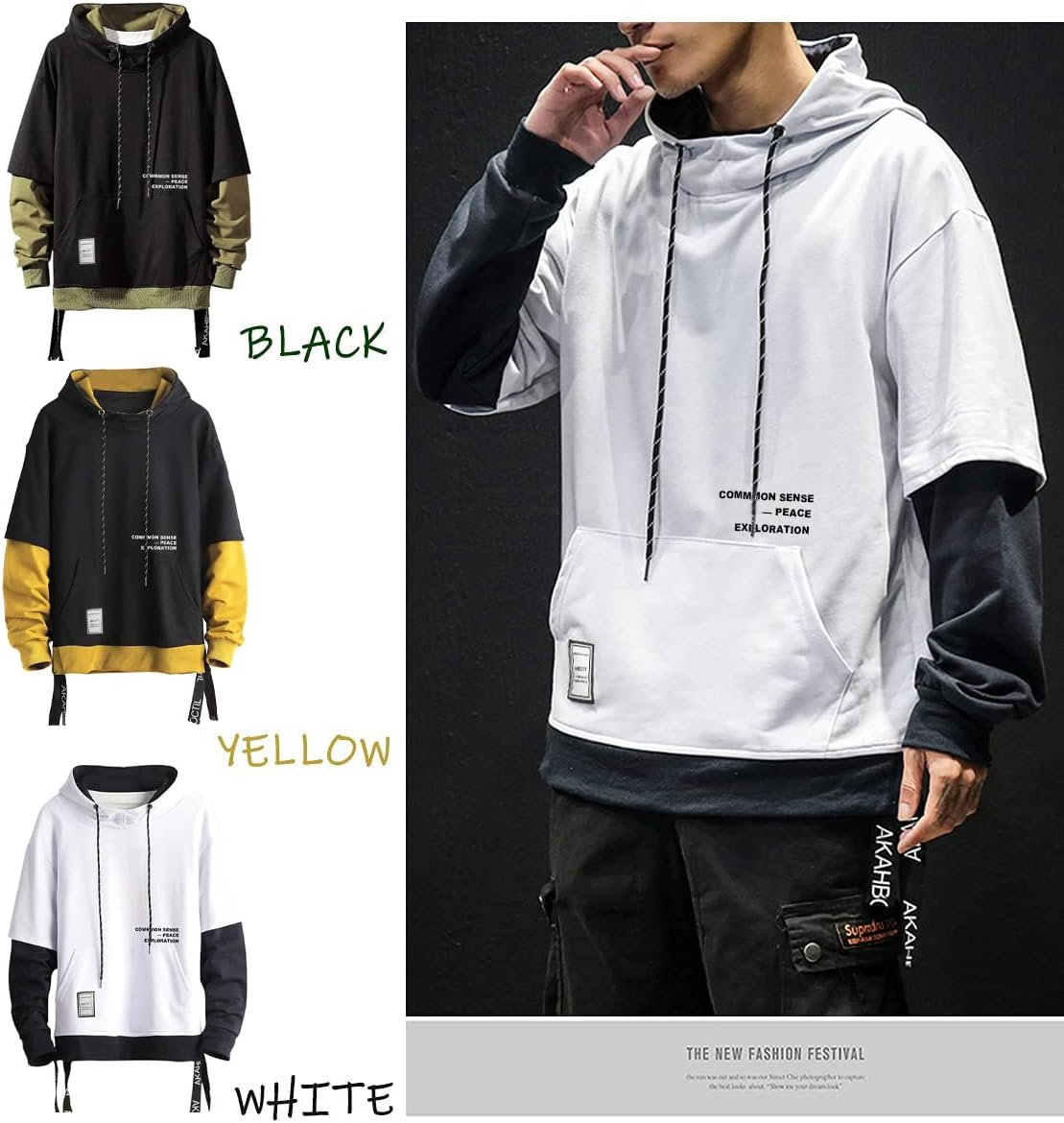 Mens Colorblock Pullover Casual Hoodie Hip Hop Tops Unisex Hooded Sweatshirt with Design