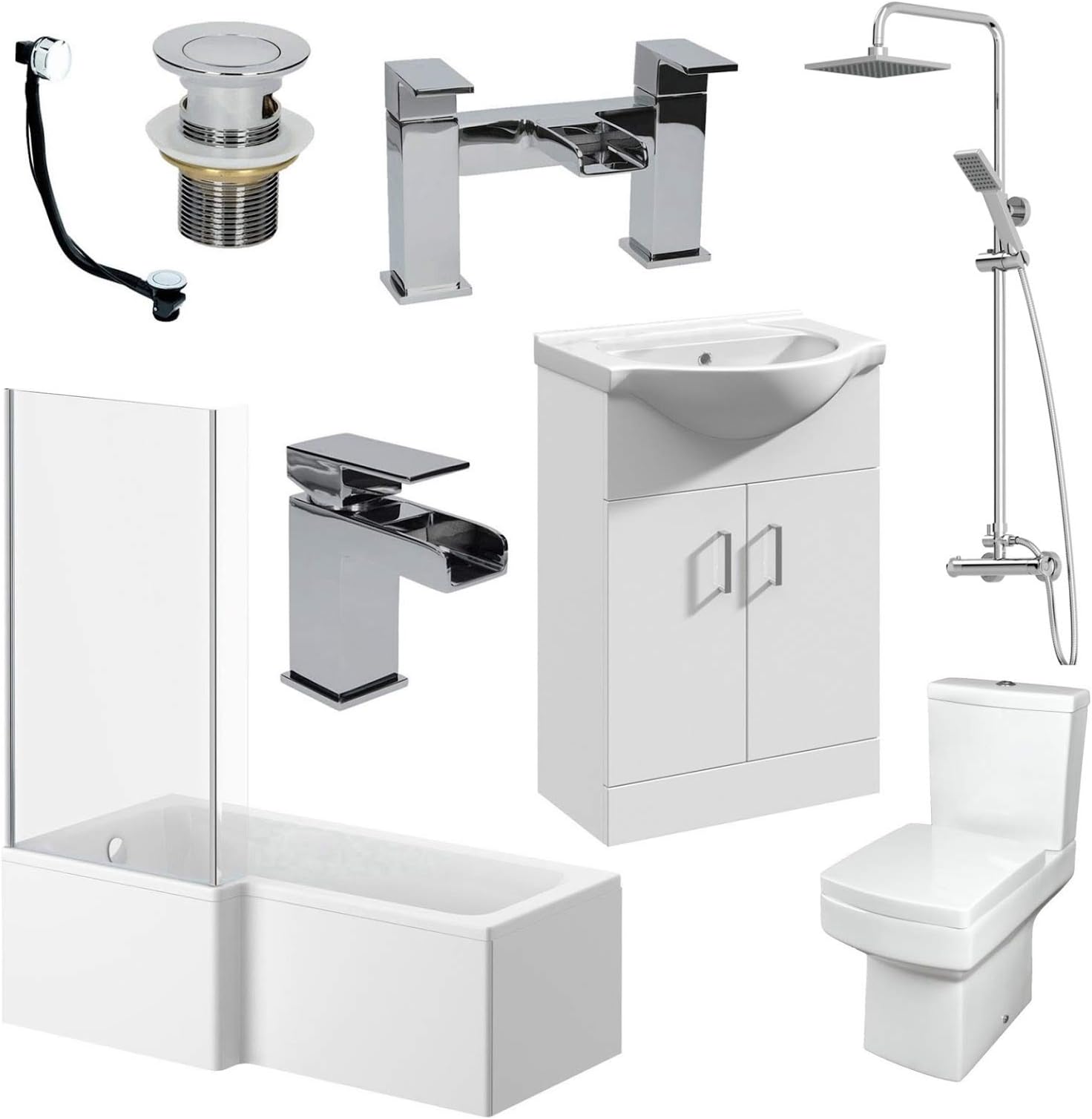 โ Affine Complete Bathroom Suite Left Hand L Shaped Shower Bath 550mm Basin Vanity Unit 2 Door Close Coupled Toilet Shower Tap Set