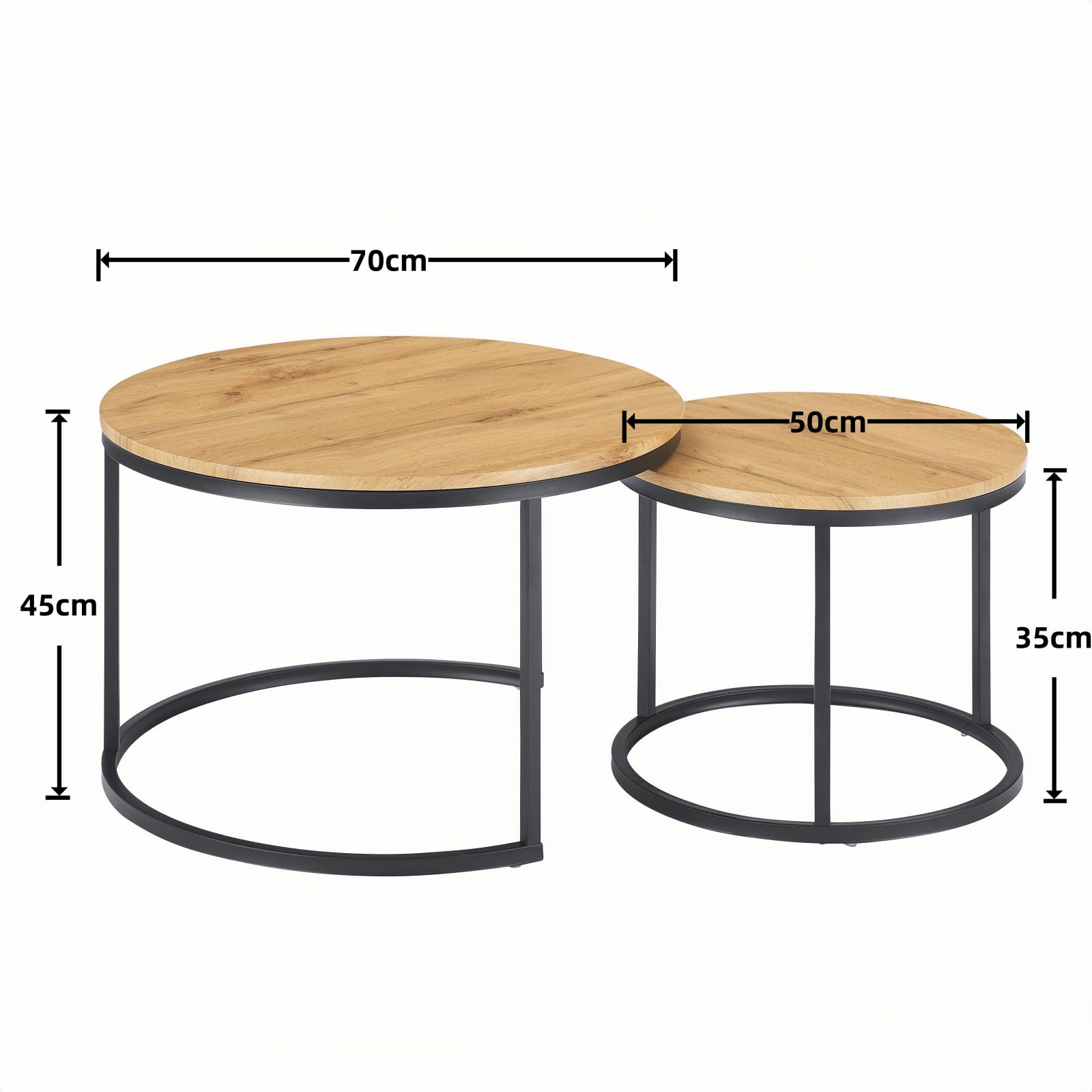 Couchtisch 2er Set, Moderne Couch Tisch mit Schwarz Metallgestell, Couchtisch Eiche, Couchtische Rund Schwarz, Living Room Table, Kaffeetisch, Wohnzimmertisch Holz 70x70x45 & 50x50x35 cm