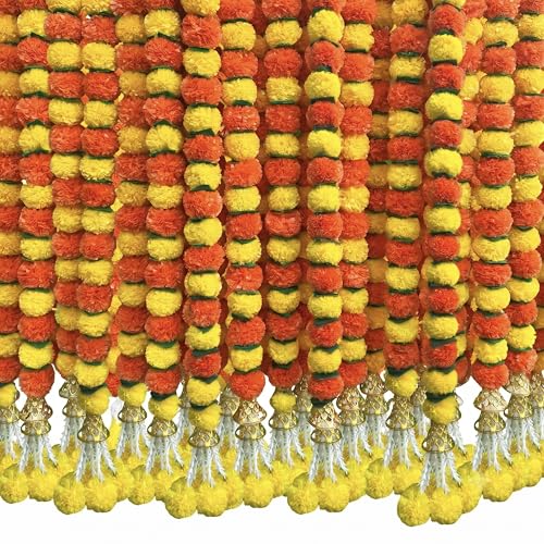 Image of DIYANA IMPEX Marigold Garland for Decoration 5 Pcs of 5 feet Long Strands Artificial Marigold Flowers with Bell, Indian Decor for Pooja /Diwali /Wedding /Christmas (Yellow + Orange + Green)