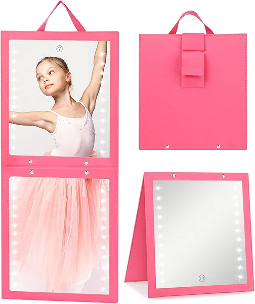 Fabuday Lighted Hanging Mirror for Dance Backstage - Rechargeable Folding LED Full Length Mirror with Lights for Dancers, Portable Foldable Travel Mirror, Brightness Adjustable