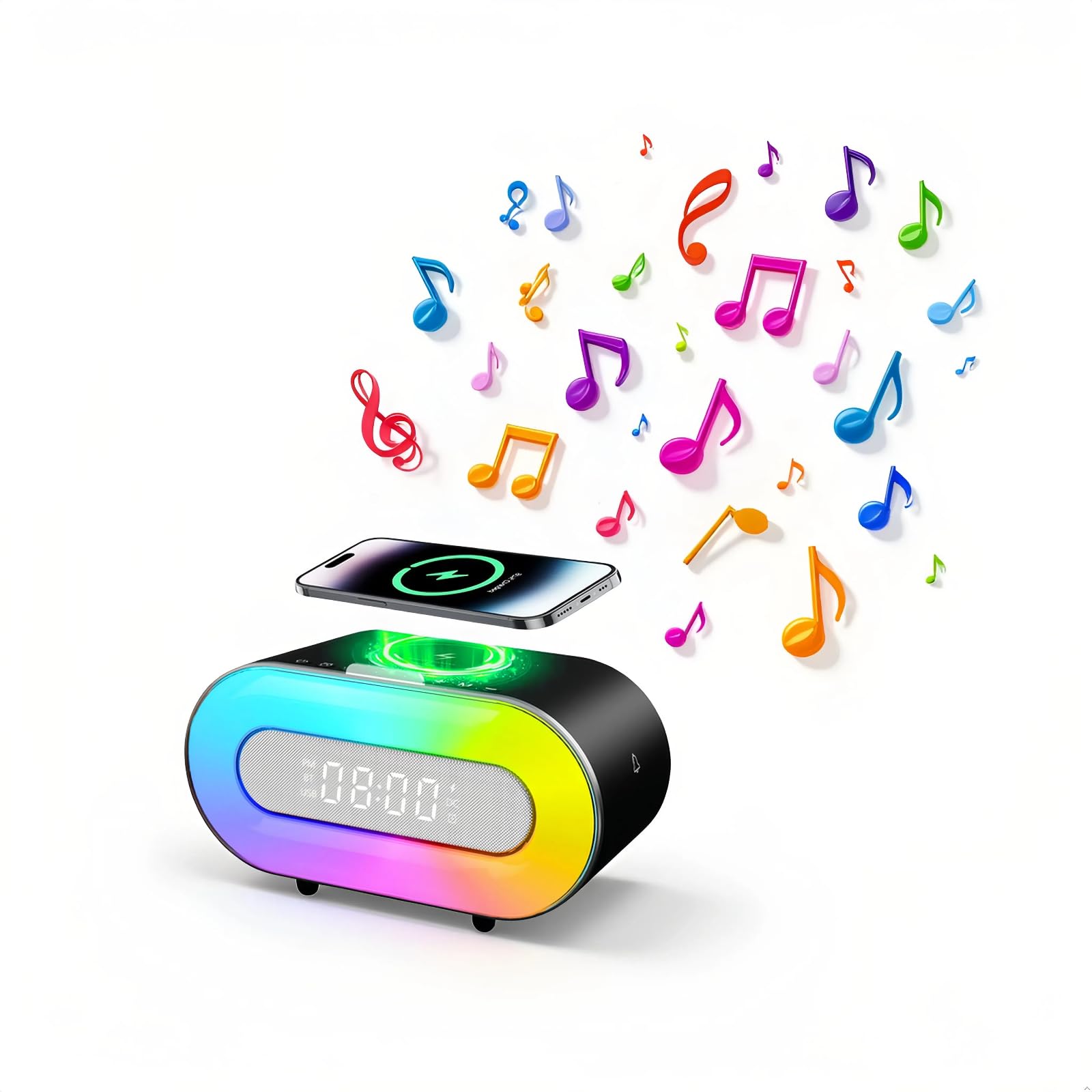 POSVIU 5-in-1 Portable Bluetooth Speaker with Dual Stereo Speakers, RGB LED Atmosphere Table Lamp, 15W Wireless Charging Station, Dimmable Clock,