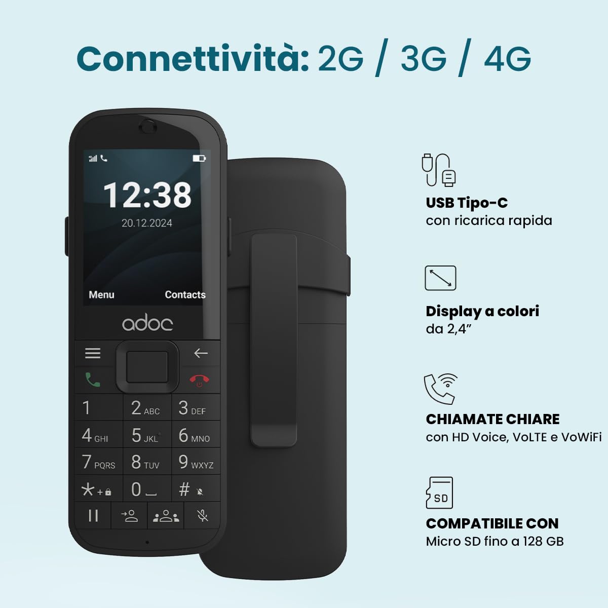 ADOC K6 Telefono cellulare 4G gratuito per anziani con tasti grandi e Android 12. Telefono senza fili con scheda SIM. con HD Voice, Volte, VoWiFi, Bluetooth, Wi-Fi. Apparecchi acustici compatibili