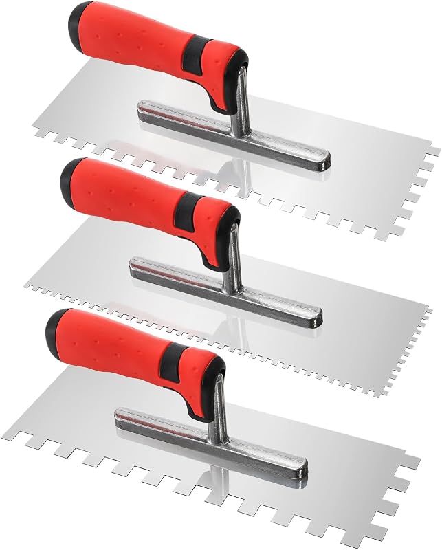 Peohud 3 Pcs Concrete Trowel, Stainless Steel Square Notched Trowel, Flat Finishing Trowel for Tile Cement Drywall Plastering Wall Floor Tiling Installation, Masonry Hand Tool Kit