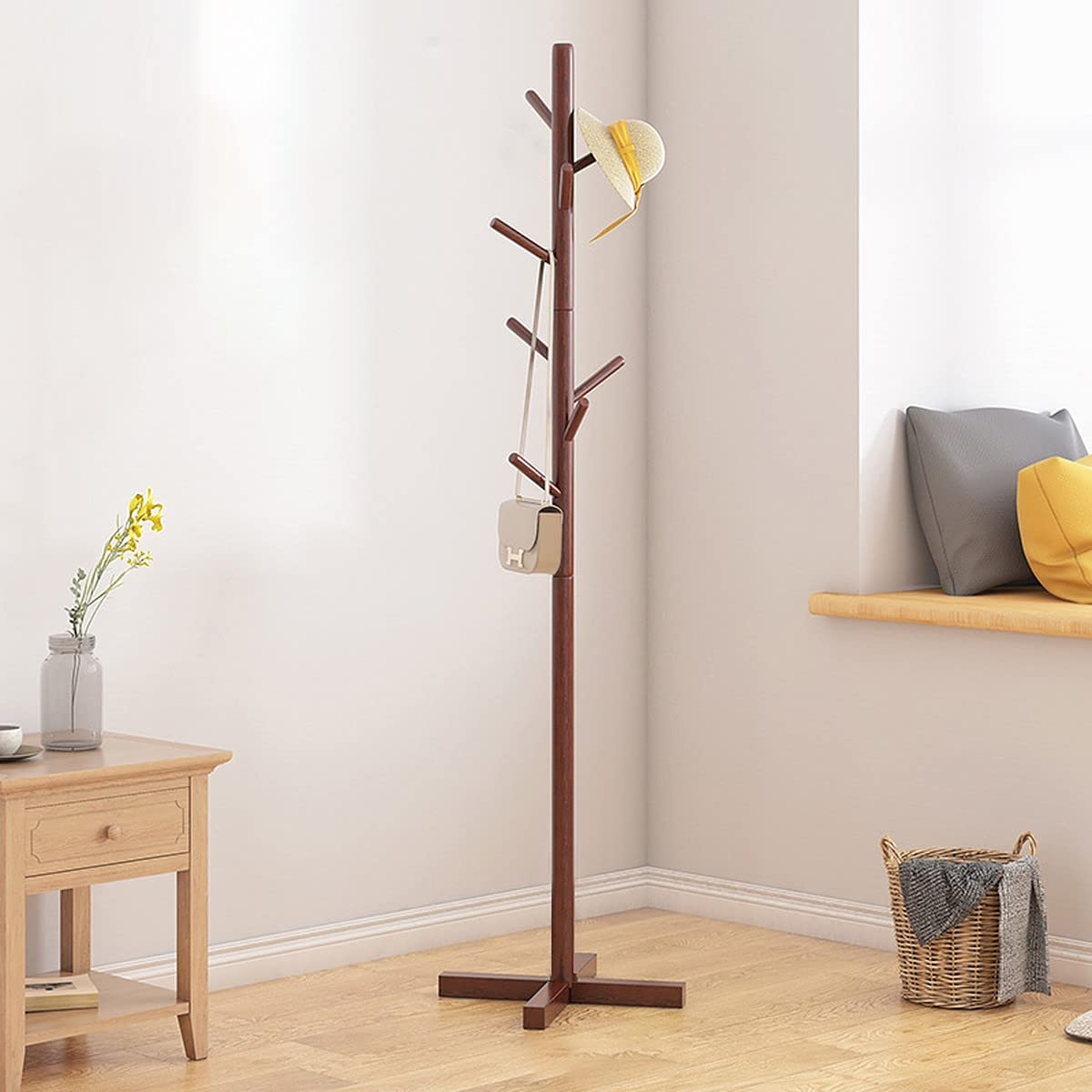 wolpin 8 Hooks Coat Hanger Rack Stand Walnut Brown | Wooden Clothes Stand for Scarves Bags Umbrella Hat | Durable Space Saving Floor Organizer for Home Bedroom Office Entryway