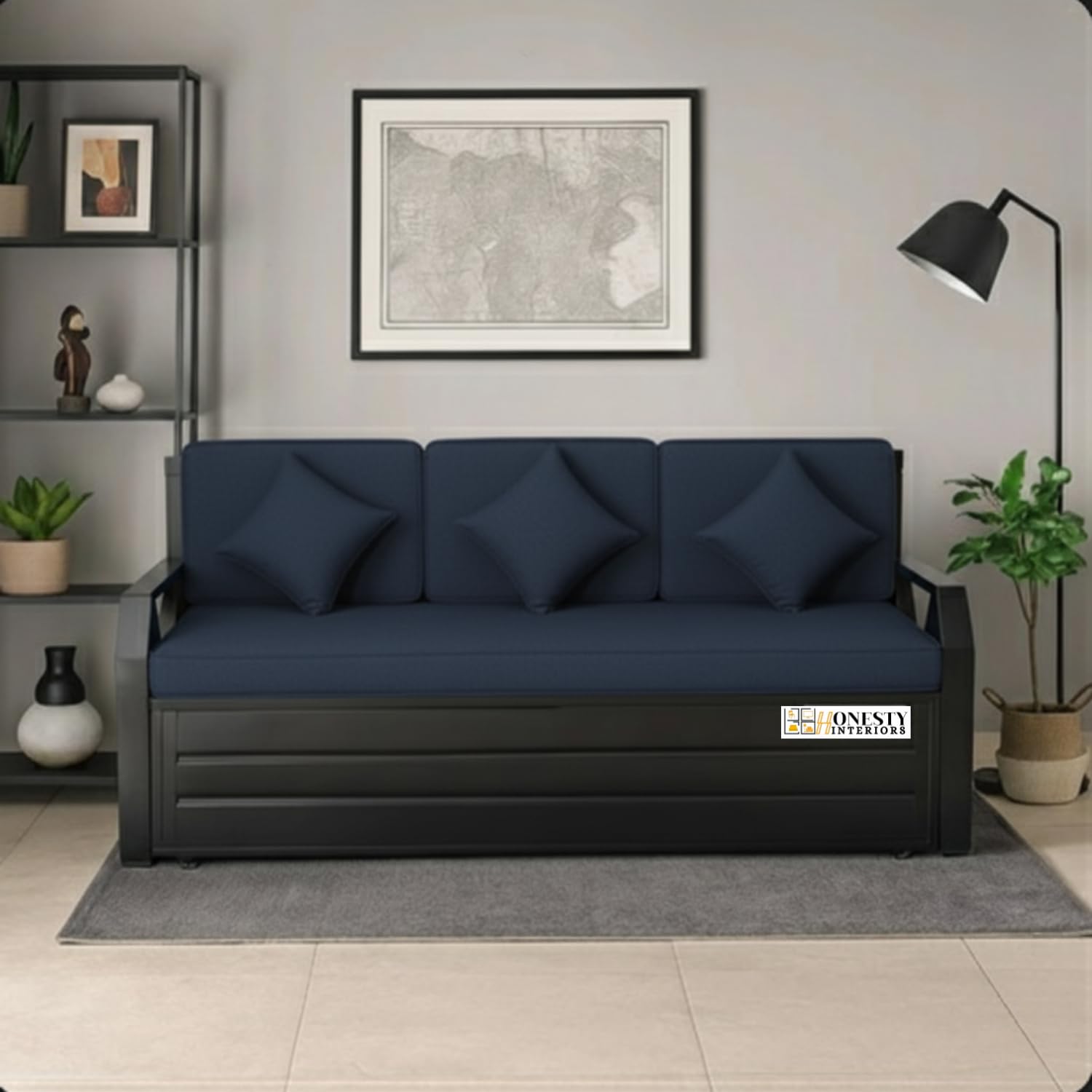 AeroRest Sofa Cum Bed Single Size Navy Blue | Wooden Convertible Sofa Bed with Cushions | Modern Space-Saving Furniture AeroRest Sofa Cum Bed Single Size Navy Blue | Wooden Convertible Sofa Bed with Cushions | Modern Space-Saving Furniture