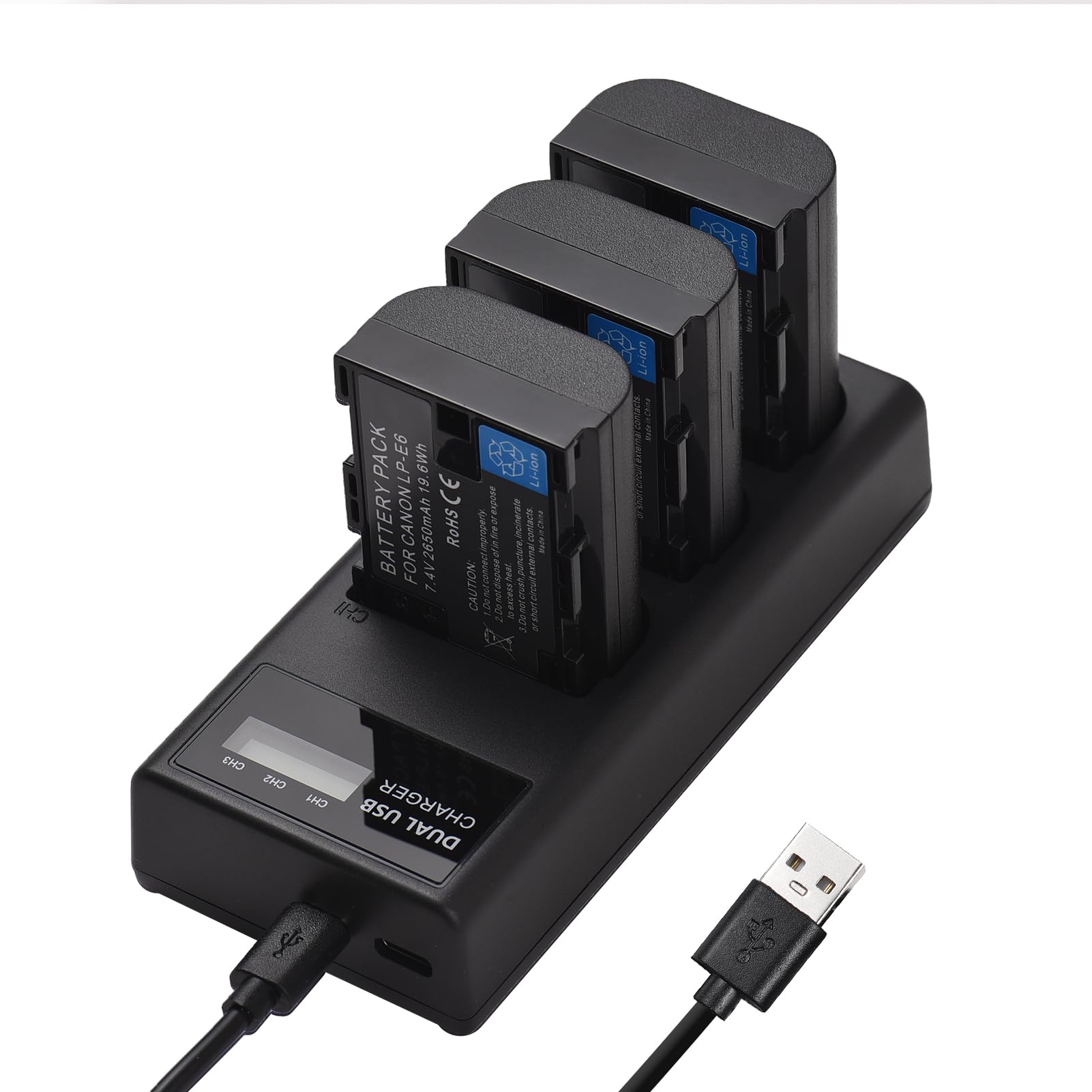Andoer LP-E6 akumulator zamienny i zestaw ładowarki, ładowarka 3 gniazda + 3 akumulatory LP-E6 2650 mAh kompatybilne z Canon EOS 5D Mark II III IV/5DS/5DS R/6D/6D Mark II/7D Mark II/60D/70D/80D/90D