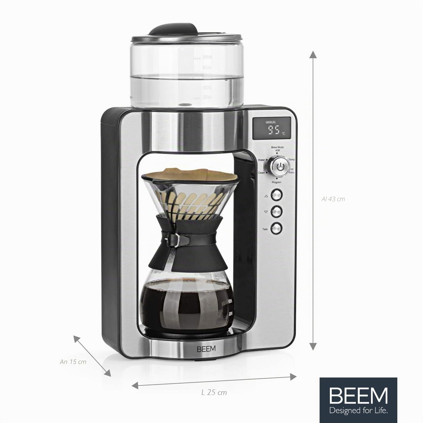 Beem Basic Selection Pour Over - Cafetera goteo con báscula de cristal, de acero inoxidable, jarra de café de 0,75 L, con principio de preparación directa, con cabezal giratorio