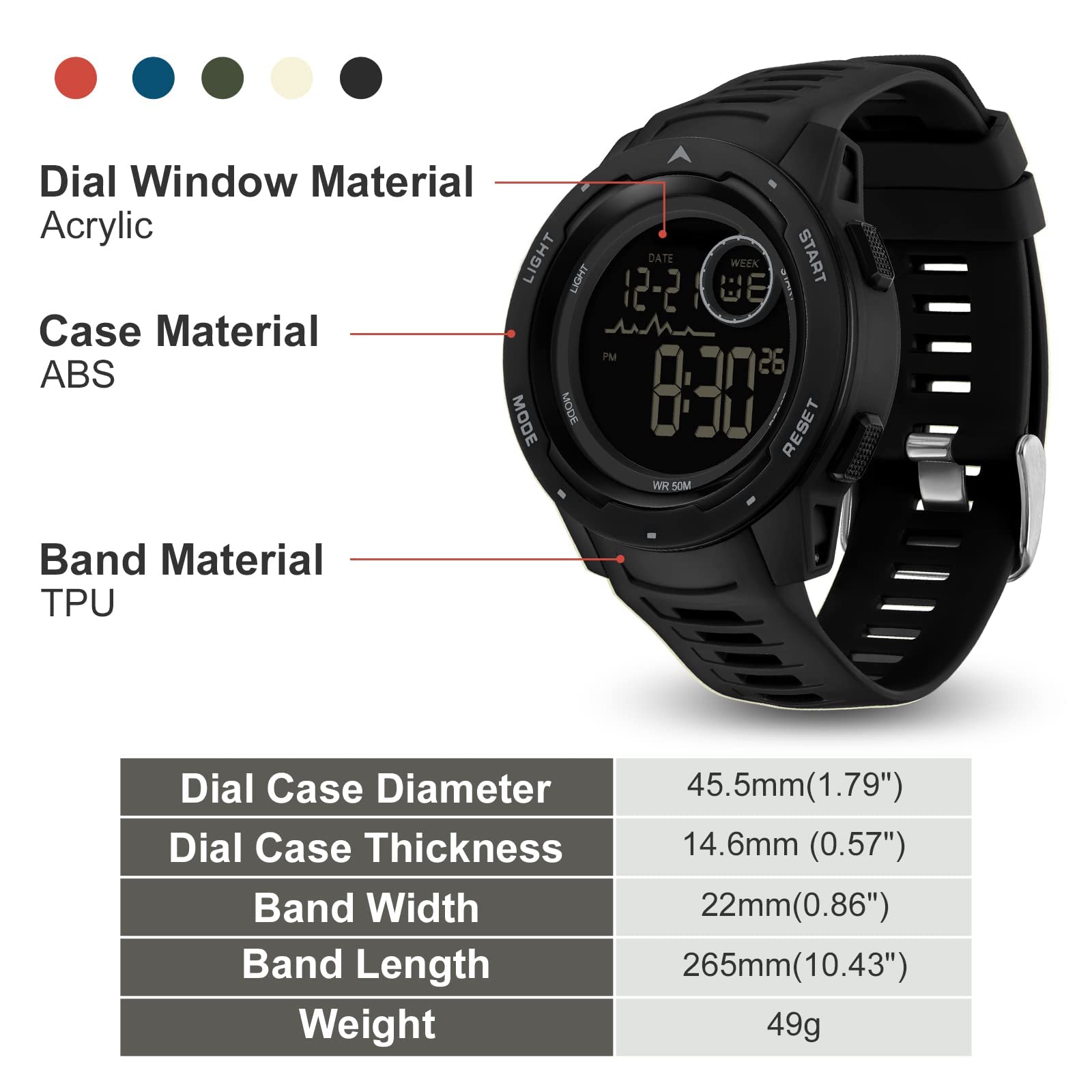 Relojes de hombre digital militar deportivo 50 m, resistente al agua, reloj digital con despertador, fecha, reloj digital LED, cronómetro, 12/24 horas, reloj táctico para hombres y niños al aire
