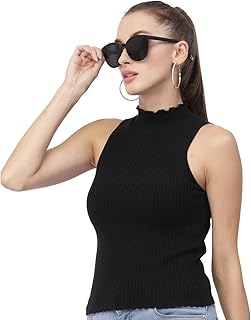 Kalt Womens Knitted, Ribbed Cotton Fitted Sleeveless Mock Neck Cami Tank Top for Women Stylish (M Size Fits Sizes: S, M &amp; L)