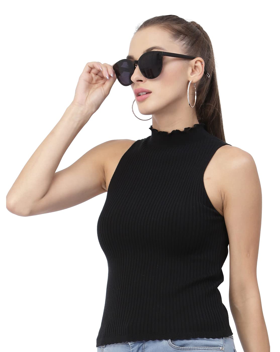 kalt Womens Knitted, Ribbed Cotton Fitted Sleeveless Mock Neck Cami Tank Top for Women Stylish (M Size Fits Sizes: S, M & L)-picture-31