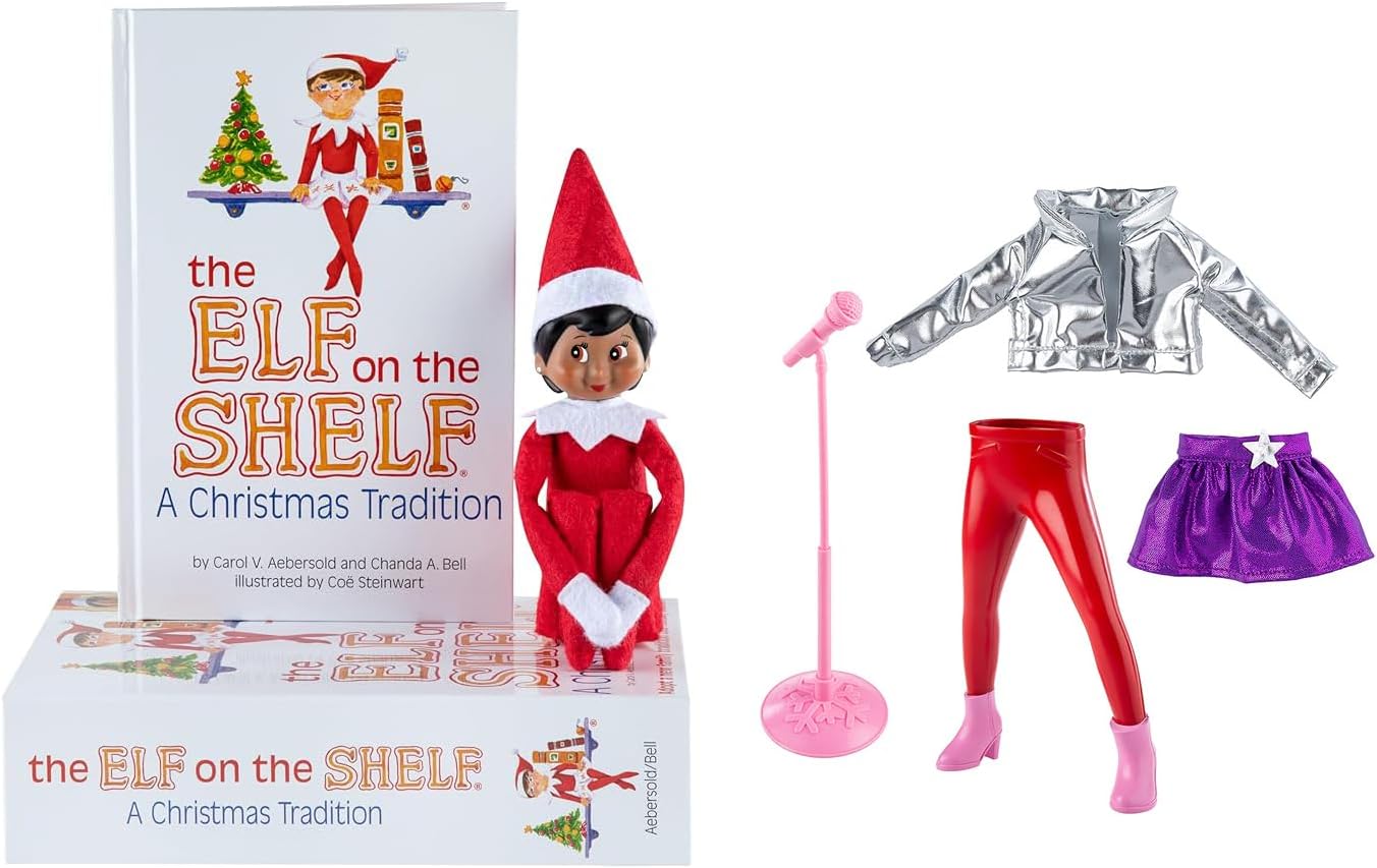 The Elf on the Shelf Scout Elf Doll Set with Book, Brown Eyes Girl, Red and White, Plastic, Standard Size, with MagiFreez Pop Star Outfit, Ages 3+
