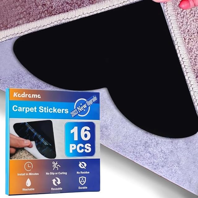 Kadrama [16Pcs] Rug Grippers for Laminate Floor, Anti Slip Rug Underlay for Hard Floors, Underlay Rug Stickers Non Slip Mat, Carpet Grippers Strips for Rugs on Wooden Floors (Black)