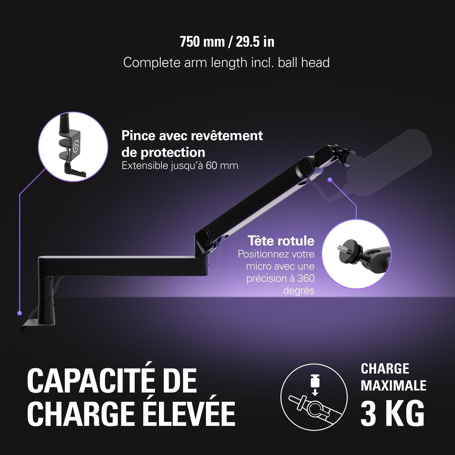 Elgato Wave Mic Arm Pro Bras de Microphone à Profil Bas Rotatif 360° Ressort à Gaz Compatible Shure SM7B HyperX Rode Blue Yeti Diffusion Podcast