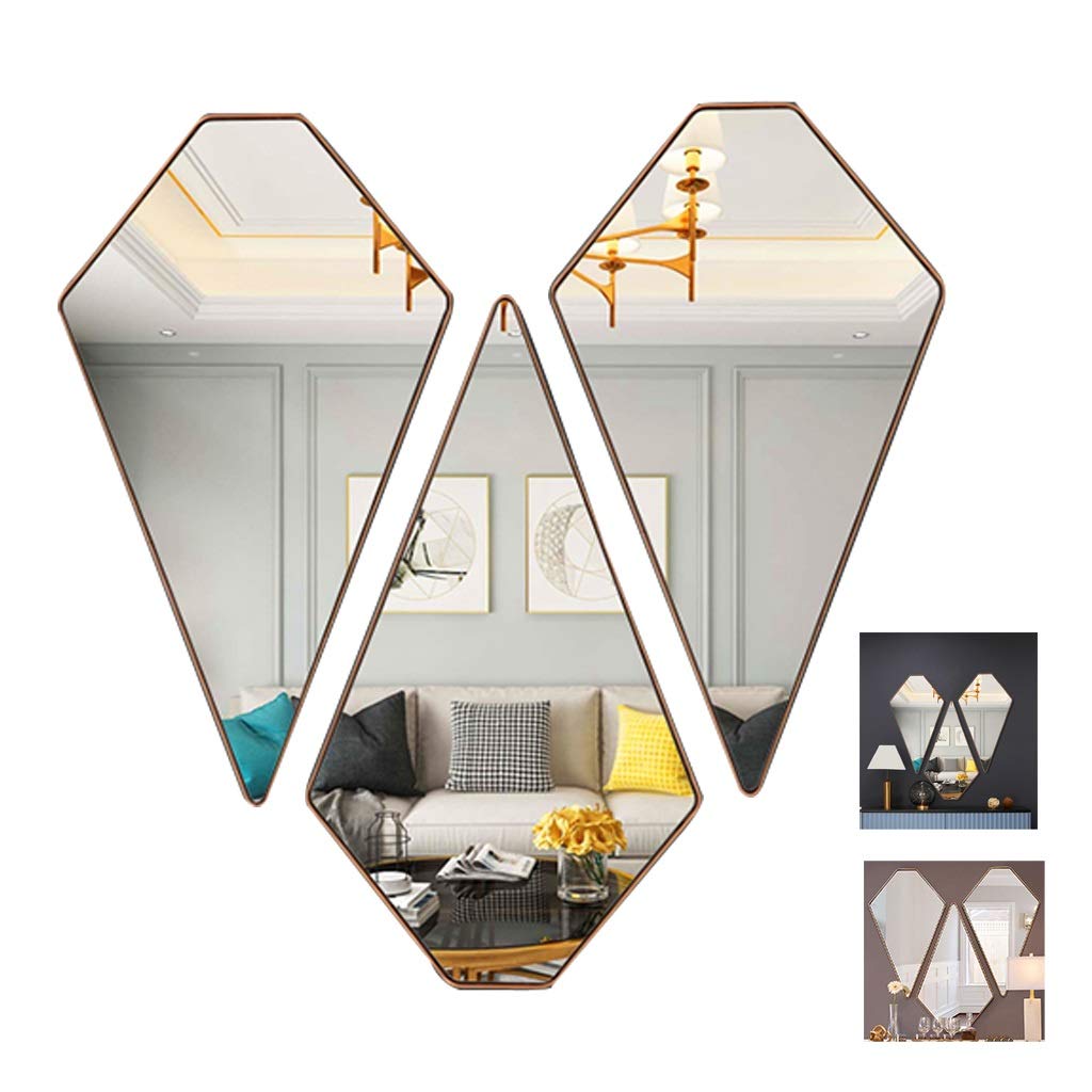 Meng Wei Shop Entrance Mirrors Bathroom Mirrors Wall-mounted Mirrors Geometrical Cosmetic Mirrors Living Room Mirrors, Wood Frames (Color : Gold, Size : Three mirrors)