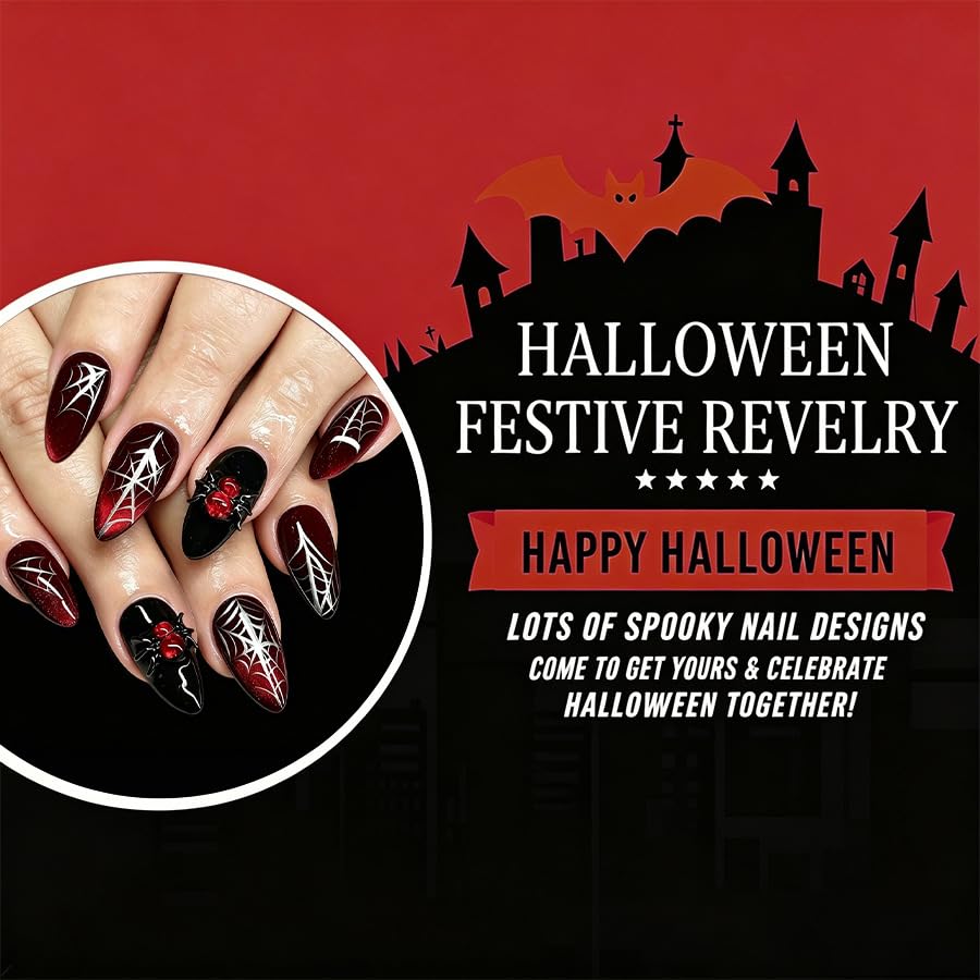 Halloween 24PCS Black Red Rhinestones Cat Eye Spider Web Press on Nails for Women Almond Medium Glossy Fake Nail Acrylic Full Cover Stick on Nails Manicure Decoration Reusable False Nail Kit Gift image 2