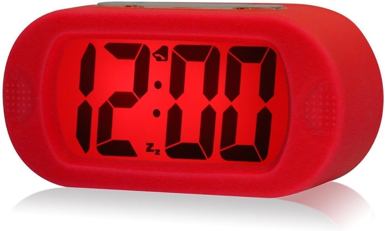DRFUNDA Smart Simple Silent LCD Digital Large Screen Alarm Clock Snooze/Light with Silicone Protective Cover (Red)