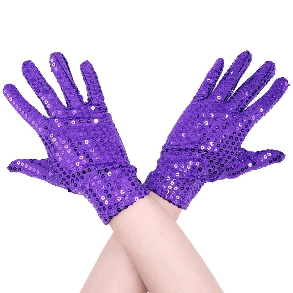 Aniler Unisex Wrist Length Full Finger Sequin Solid Color 80s Sparkling Glitter Costume Cosplay Party Short Gloves, Purple, One size