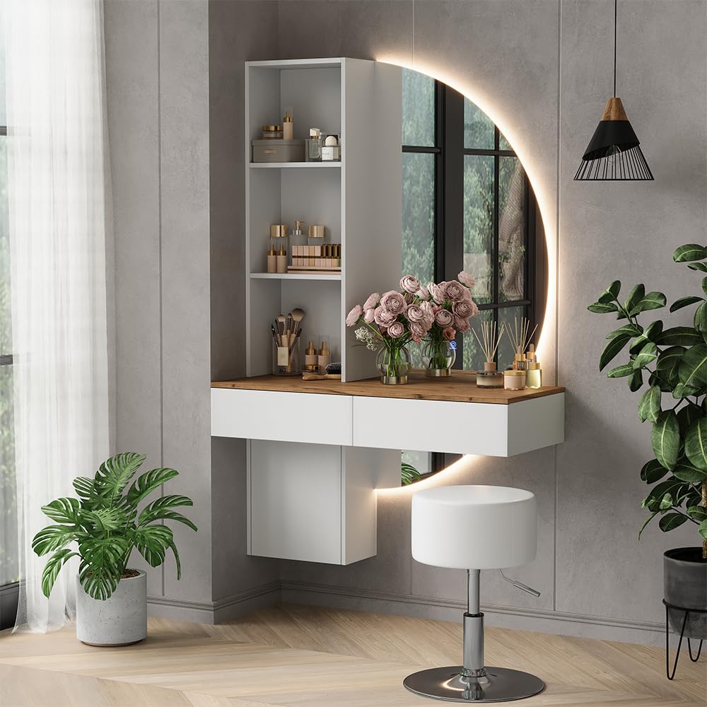 Vicco Tavolo da toeletta Melora, Bianco/quercia, 100 cm | con specchio LED e sgabello, per la conservazione di cosmetici e accessori