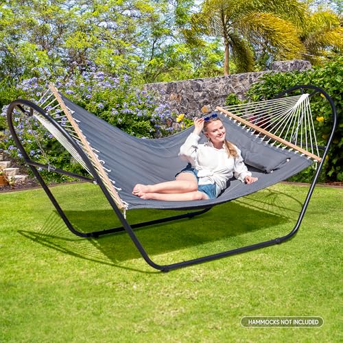 Image of SUNCREAT Universal Steel Outdoor Hammock Stand Only, Heavy Duty, Weather-Resistant Hammock Stand for Outside, Fits 9.5 to 14 Feet Long Hammock, 475-Pound Capacity, Patent Pending, Black