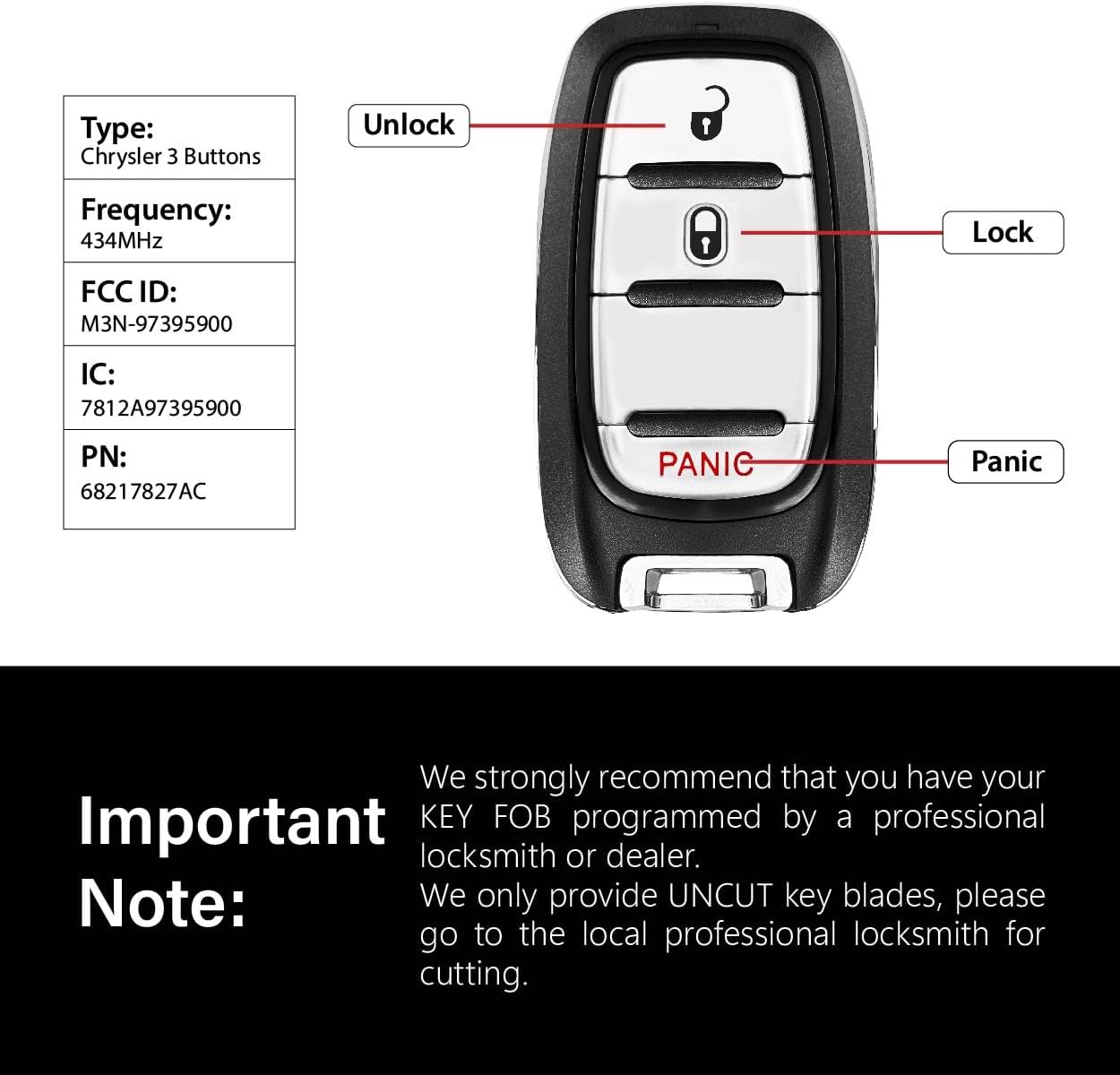 Replacement for 2017-2024 Chrysler Pacifica Voyager Key Fob Remote Control M3N-97395900 3 Buttons 434MHz - Image 3