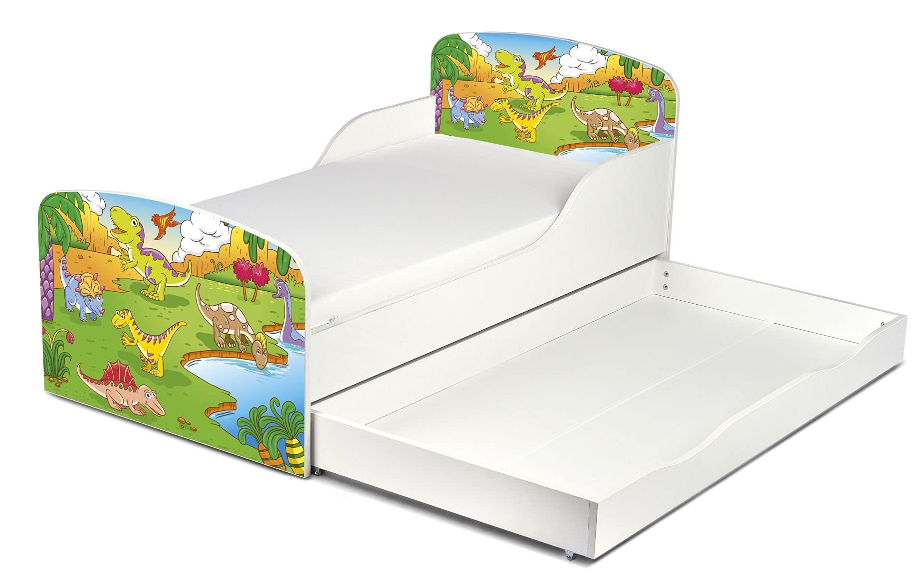leomark Cama Infantil Completa de Madera - Dino - Marco de Cama, Colchón y Cajón, Somier, Blanco Muebles para Niños, Moderno Dormitorio, Espacio para Dormir: 140/70